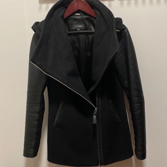 Mackage Odilia Black Wool & leather moto Jacket w/ removable hood XS EUC - Picture 4 of 16